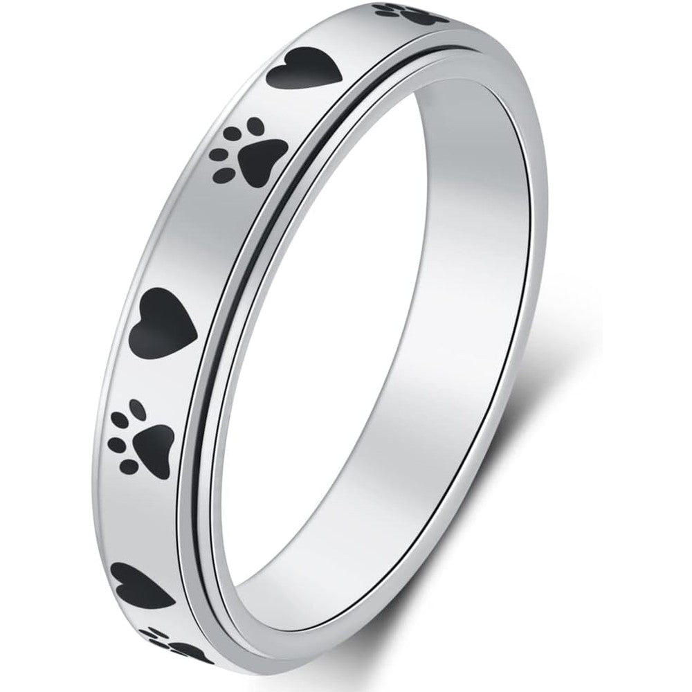 Bling Queen AmorArtSky spinner ring front view showcasing polished silver finish and black enamel paw prints.