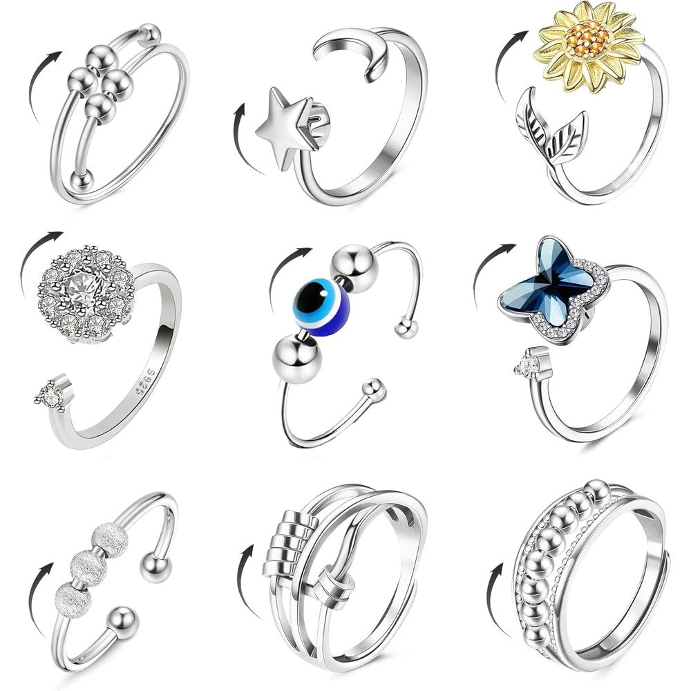 Kakonia 9 Piece Fidget Spinner Anxiety Rings front view displaying assorted celestial and flower designs for sensory stress relief.