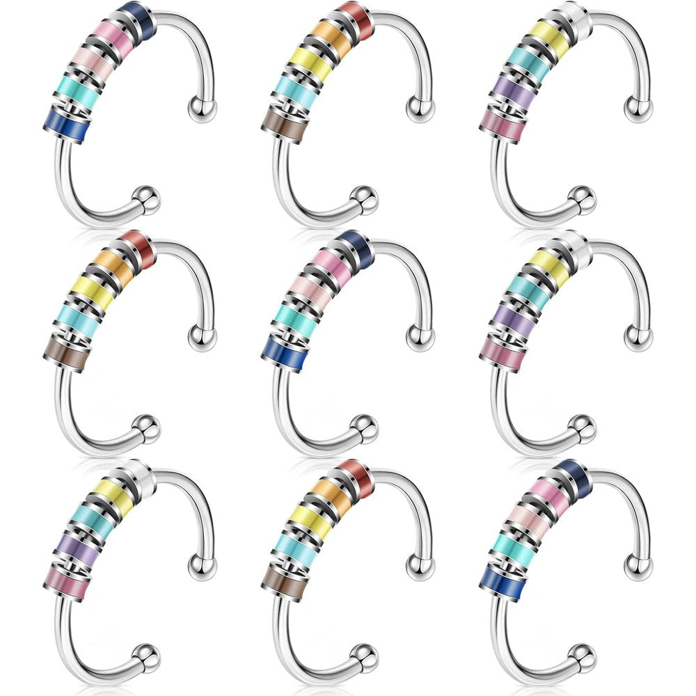 Cunno nine pieces fidget spinner ring set front view showing colorful rotating beads on silver bands.