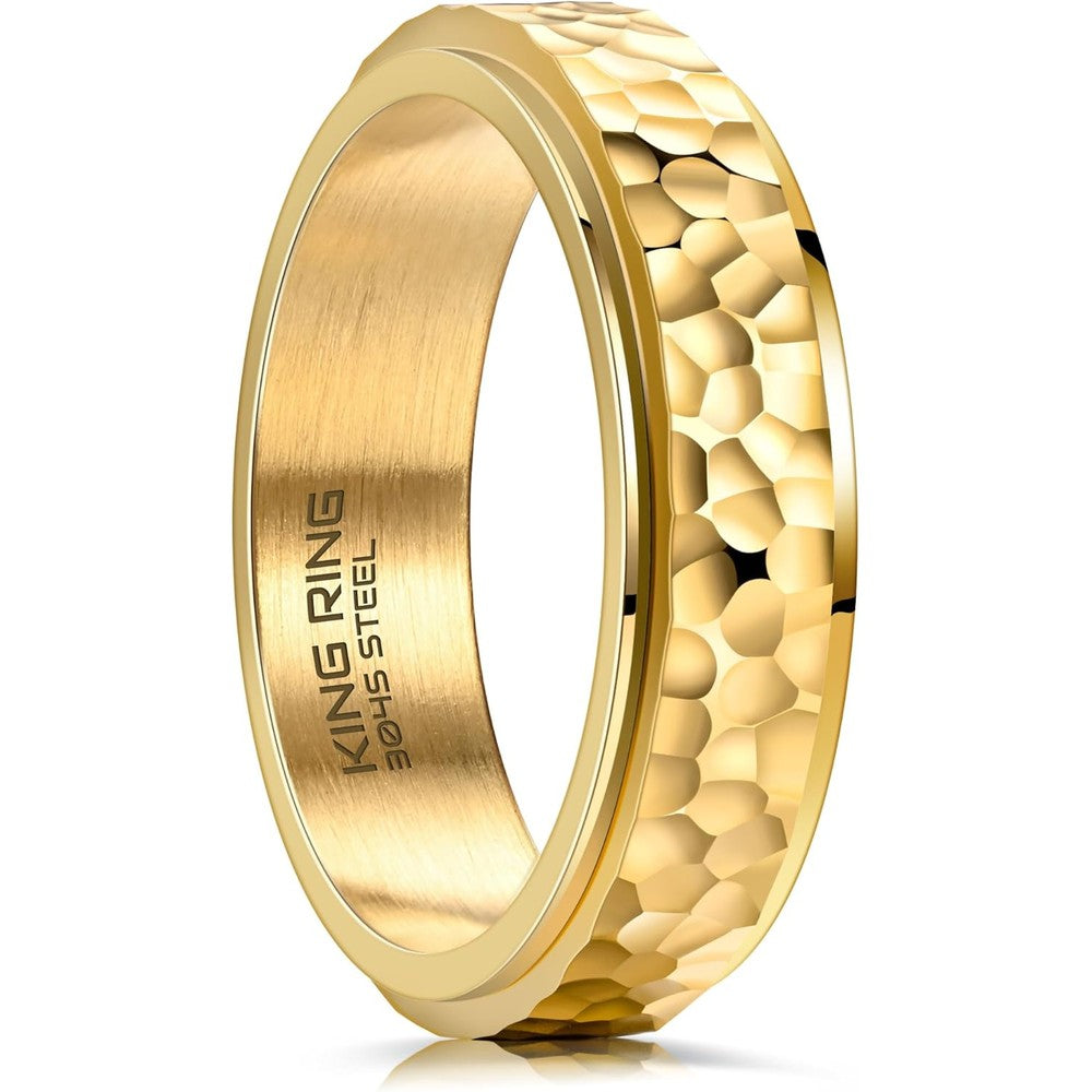 King Ring 6mm hammered spinner ring front view showcasing the textured silver finish.