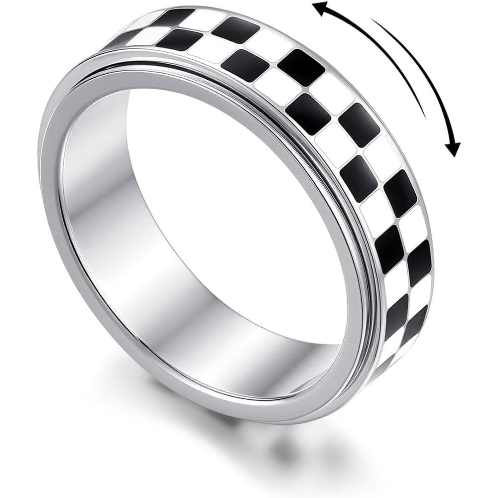 OIDIMS Checkered Fidget Spinner Ring front view showing black and white checkerboard pattern on 18K gold plated band