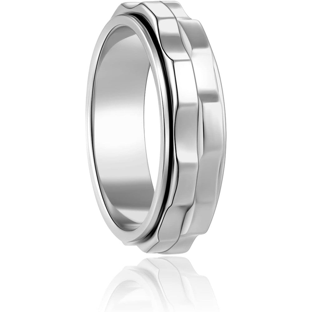 LuckyAmor spinning anxiety ring front view showing high polish stainless steel band with dual blue gears