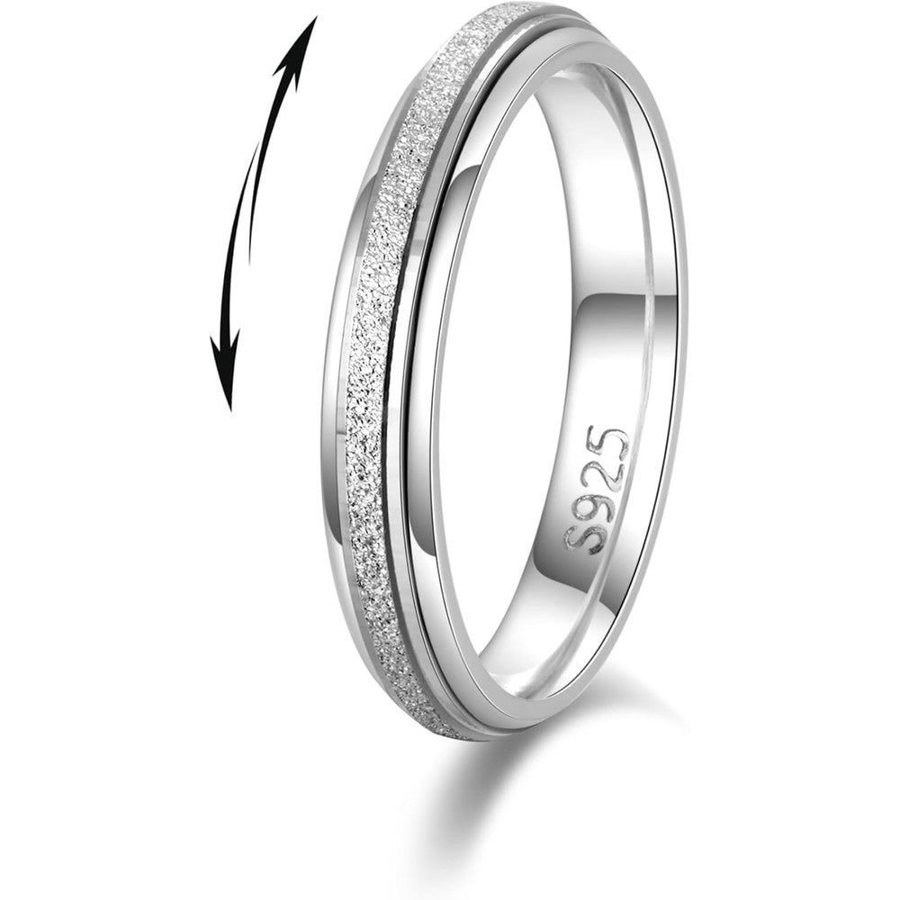 LOFITOR 925 sterling silver anti anxiety spinner ring front view showcasing the textured sand beam rhombus center band.
