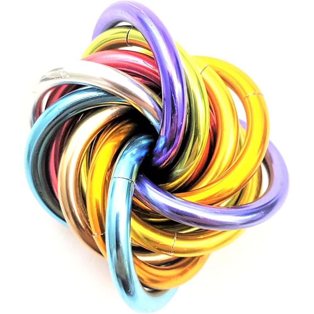 Steel Lynx Möbii Fidget Ball front view showing interlocking pastel rainbow aluminum rings.