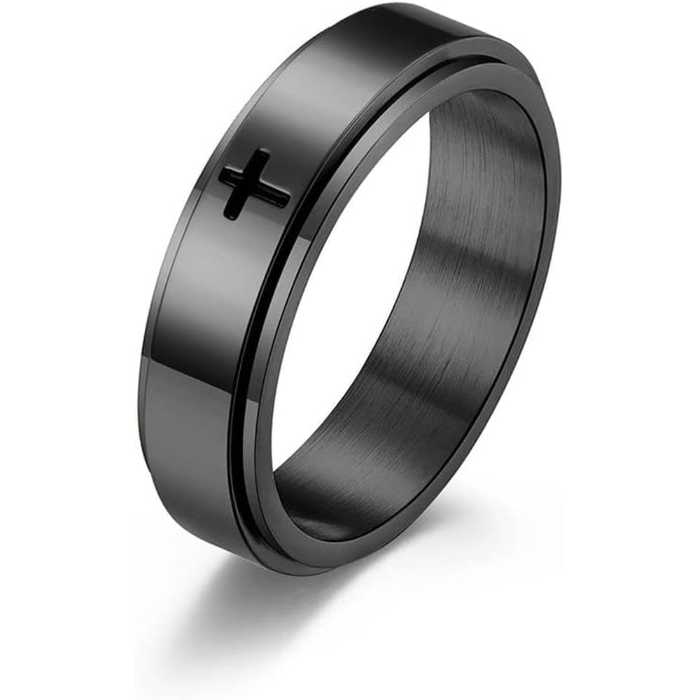 OIDIMS minimalist cross christian spinner ring front view showcasing engraved design