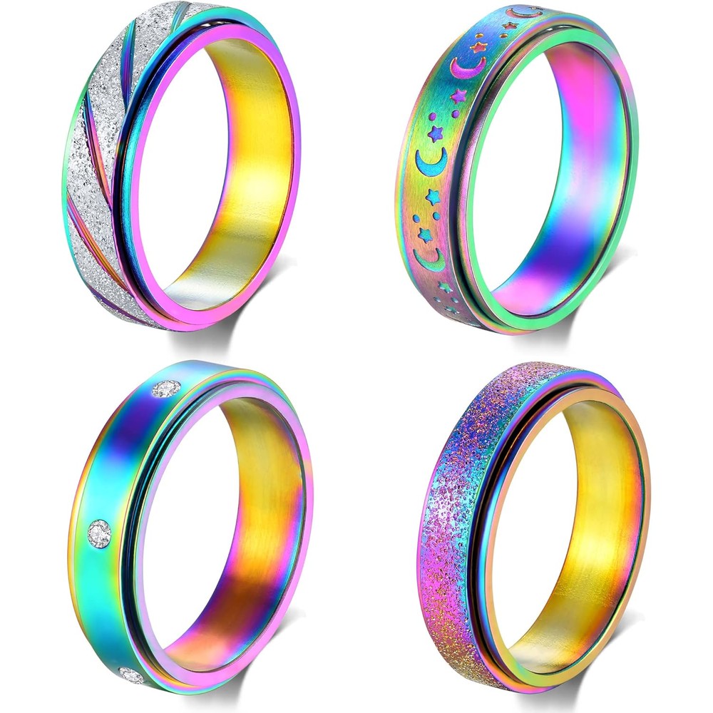 Hothink rainbow titanium anxiety rings set front view showcasing four distinct engraved styles