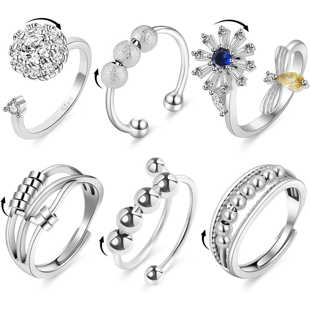 Aucuu anti anxiety fidget ring set front view showing six silver adjustable rings