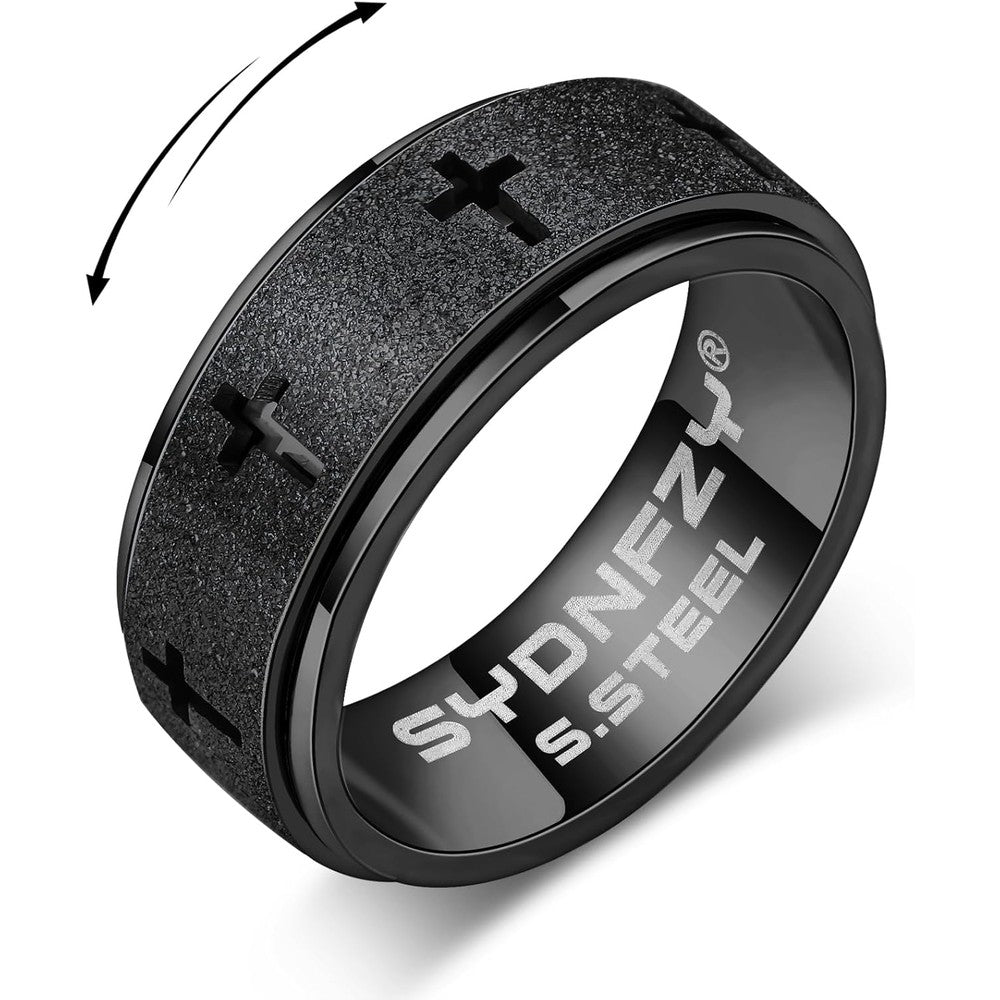 Sydnfzy anxiety spinner ring for men front view showing black sandblasted cross design