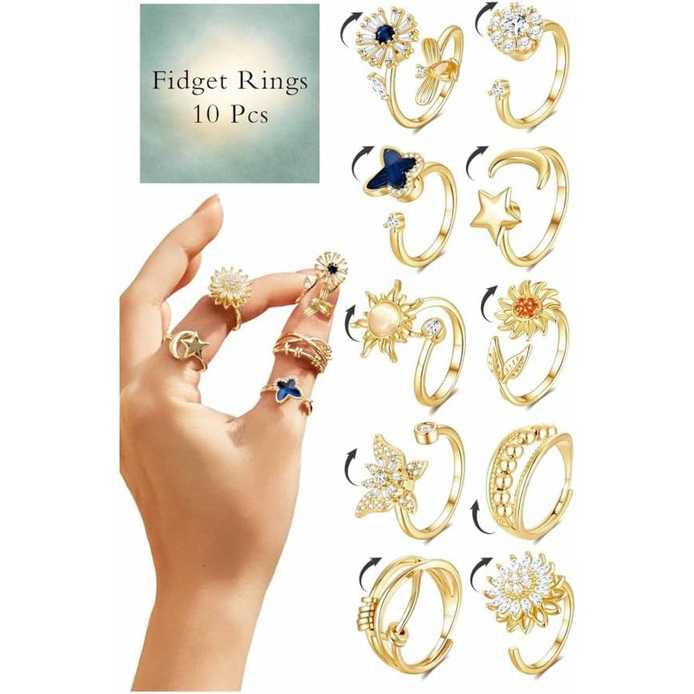 Futureshan ten piece fidget anxiety rings set front view showcasing gold plated spinner designs.
