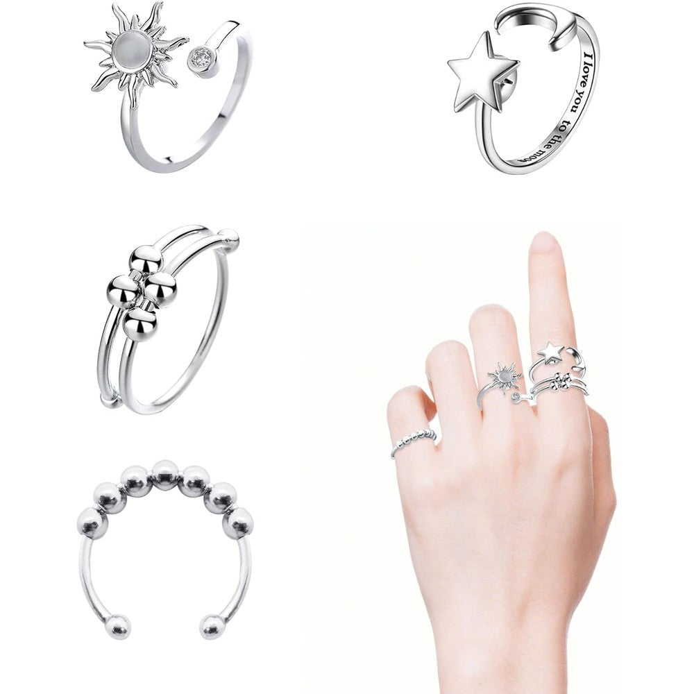 ATCEME 4 Piece Fidget Rings for Women showing the complete silver stainless steel set from the front view.