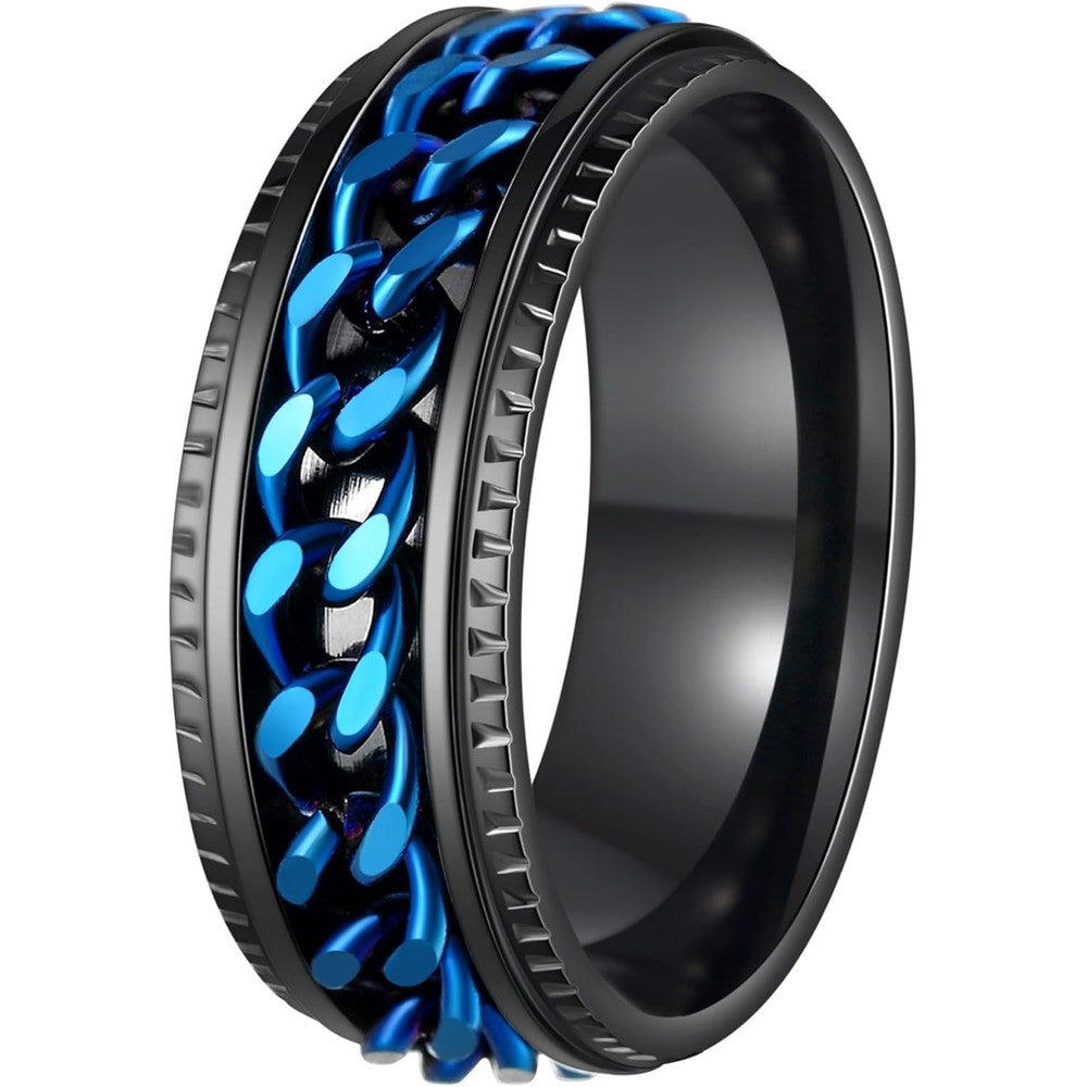 Mert titanium steel mens fidget ring front view showcasing the black band and blue curb chain inlay.