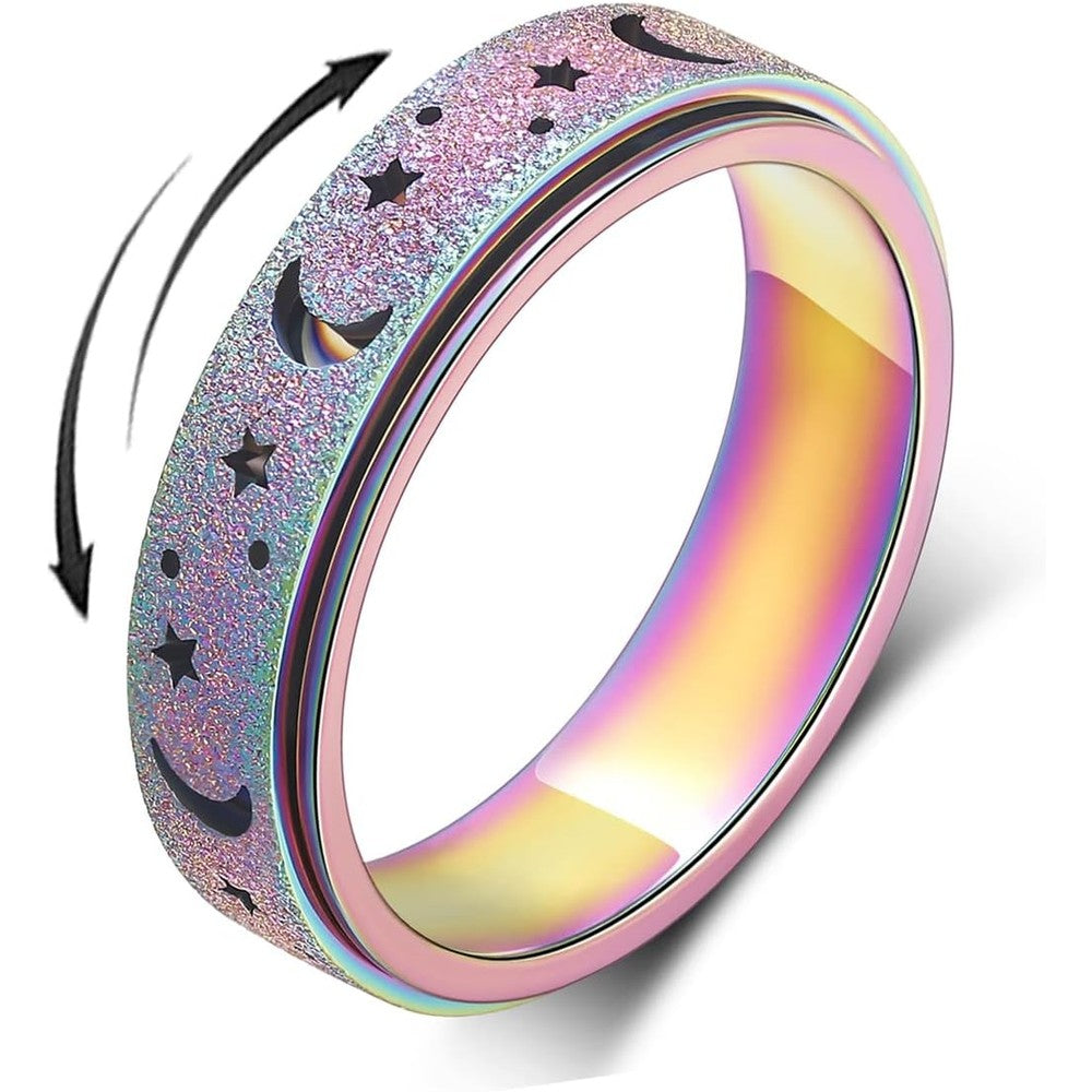 OreilleStar AmorArtSky anxiety ring front view showing rainbow steel color finish