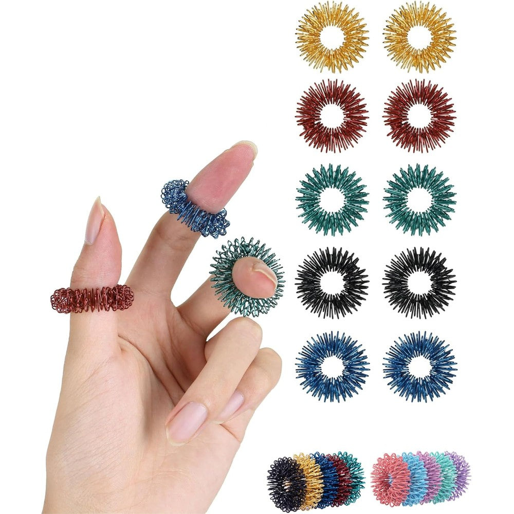 Mr. Pen Spiky Sensory Rings 10 pack front view showcasing colourful assorted stress relief metal bands.