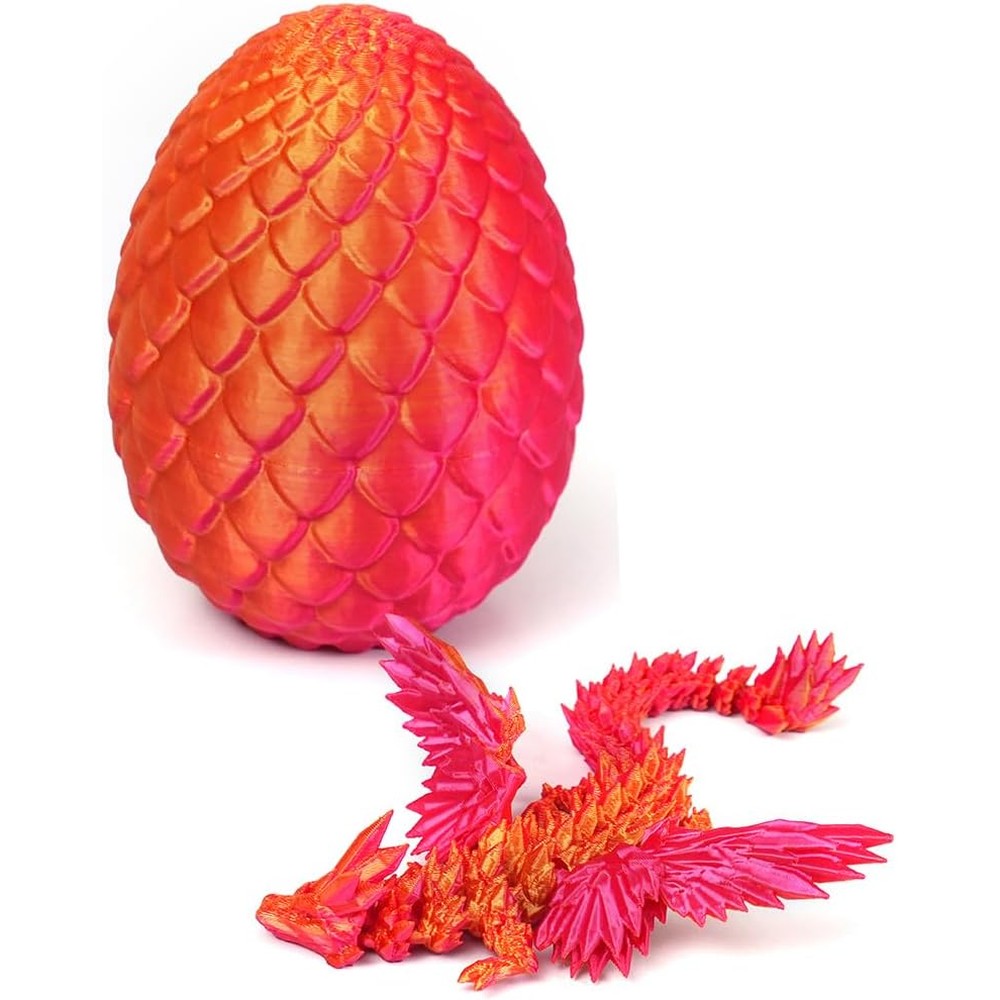 PETBSNVB 3D printed crystal dragon toy standing next to its open laser red storage egg on a clean office desk