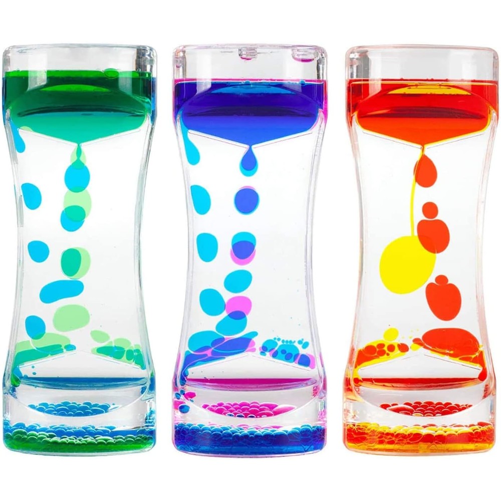 Oneshow liquid motion bubbler timer set featuring front view of three colorful oil hourglasses.