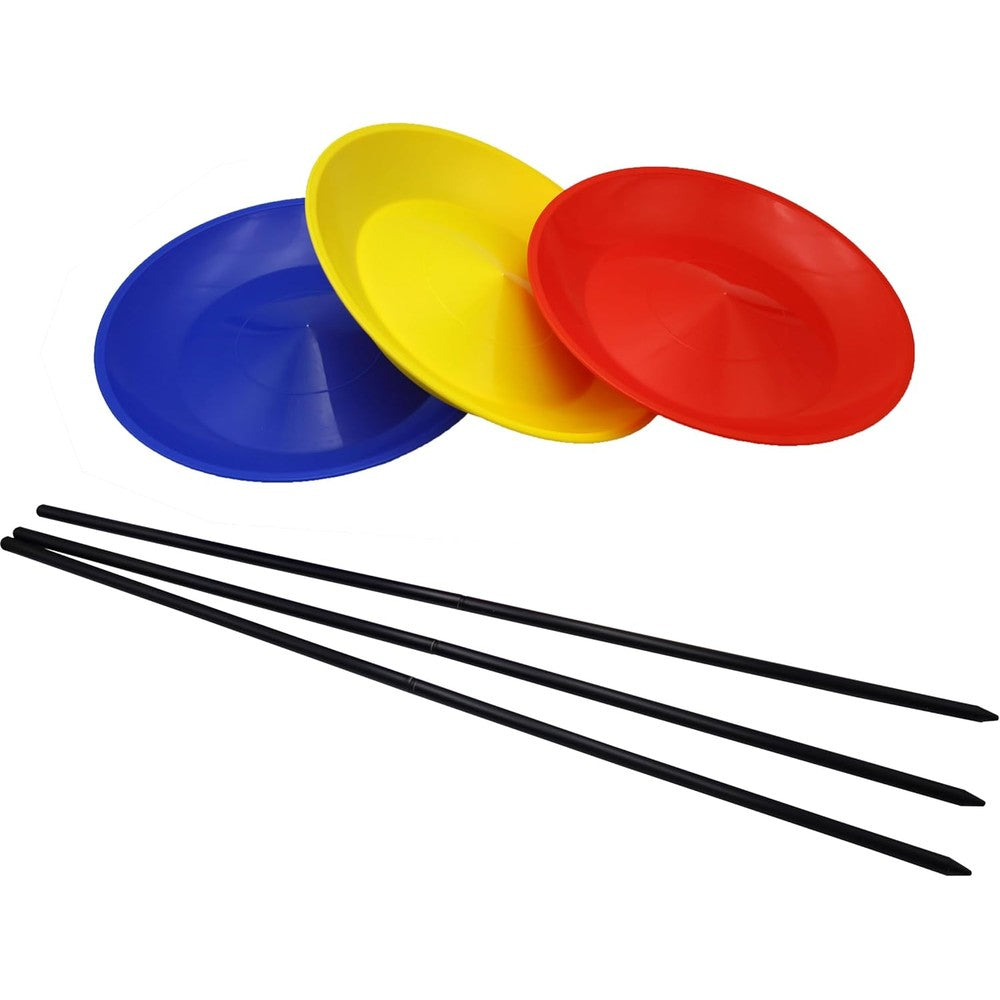 PEHHAH juggling spinning plates set front view showing blue yellow and red circus plates
