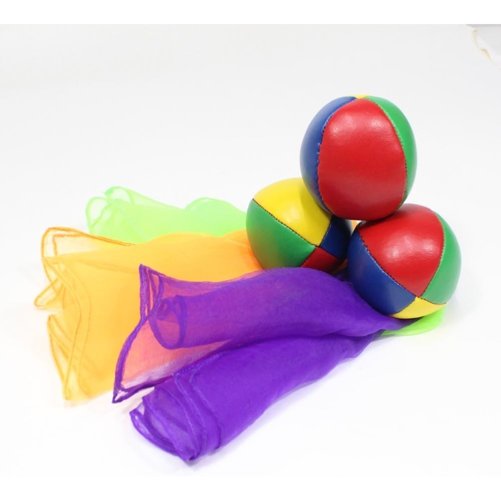 Zeekio YoYoSam beginner juggling kit showing three colorful balls and three scarves front view