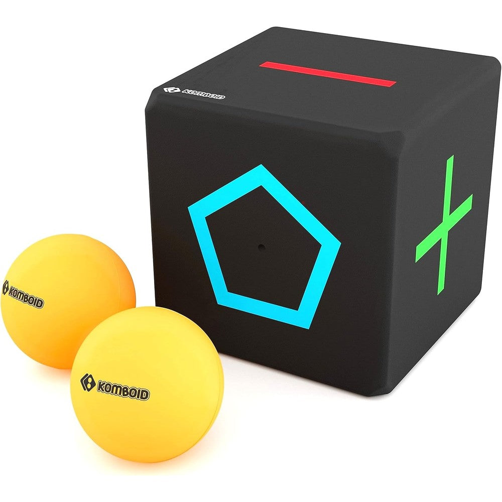 KOMBOID ball bouncing skill game front view showcasing the black five sided tracking cube with colored side symbols