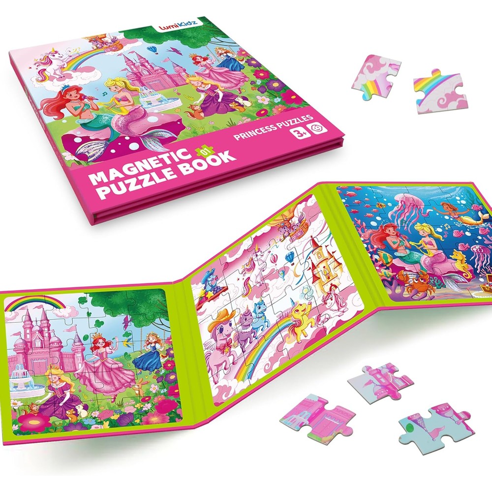 Lumikidz Magnetic Unicorn Mermaid Princess Puzzle front view of packaging and book style layout.