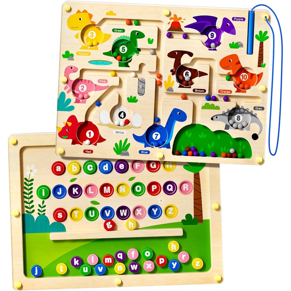 UMEREACT 2 in 1 magnetic color and number maze board showing the dinosaur counting side.