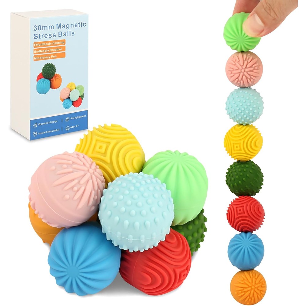 Jollicube silicone magnetic balls front view showing multi-colored textured fidget spheres