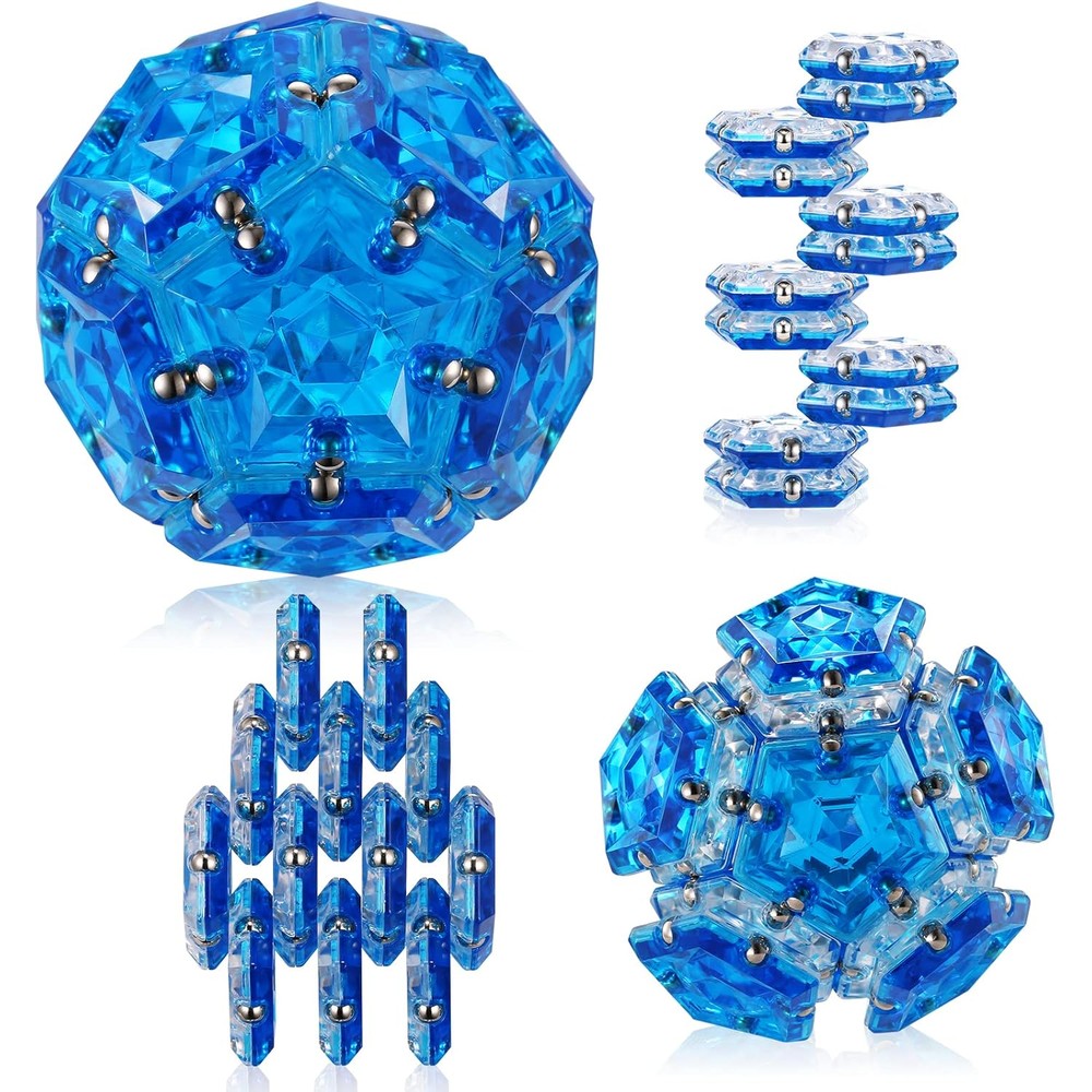 RoomyRoc Magnetic Fidget Sphere front view showing crystal blue pentagon pieces.