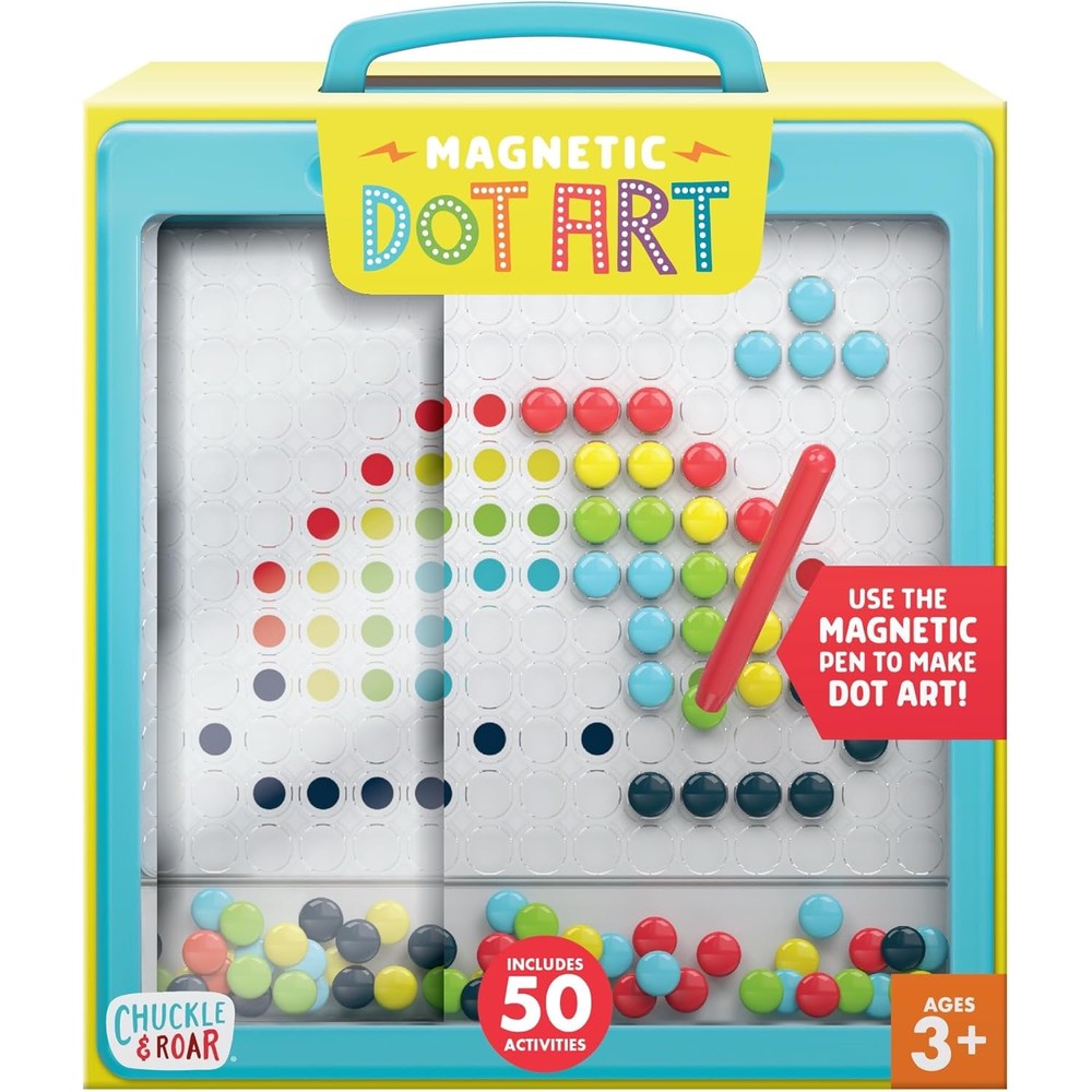 Chuckle And Roar Magnetic Dot Art Designer board front view showing yellow and blue frame with magnetic pen
