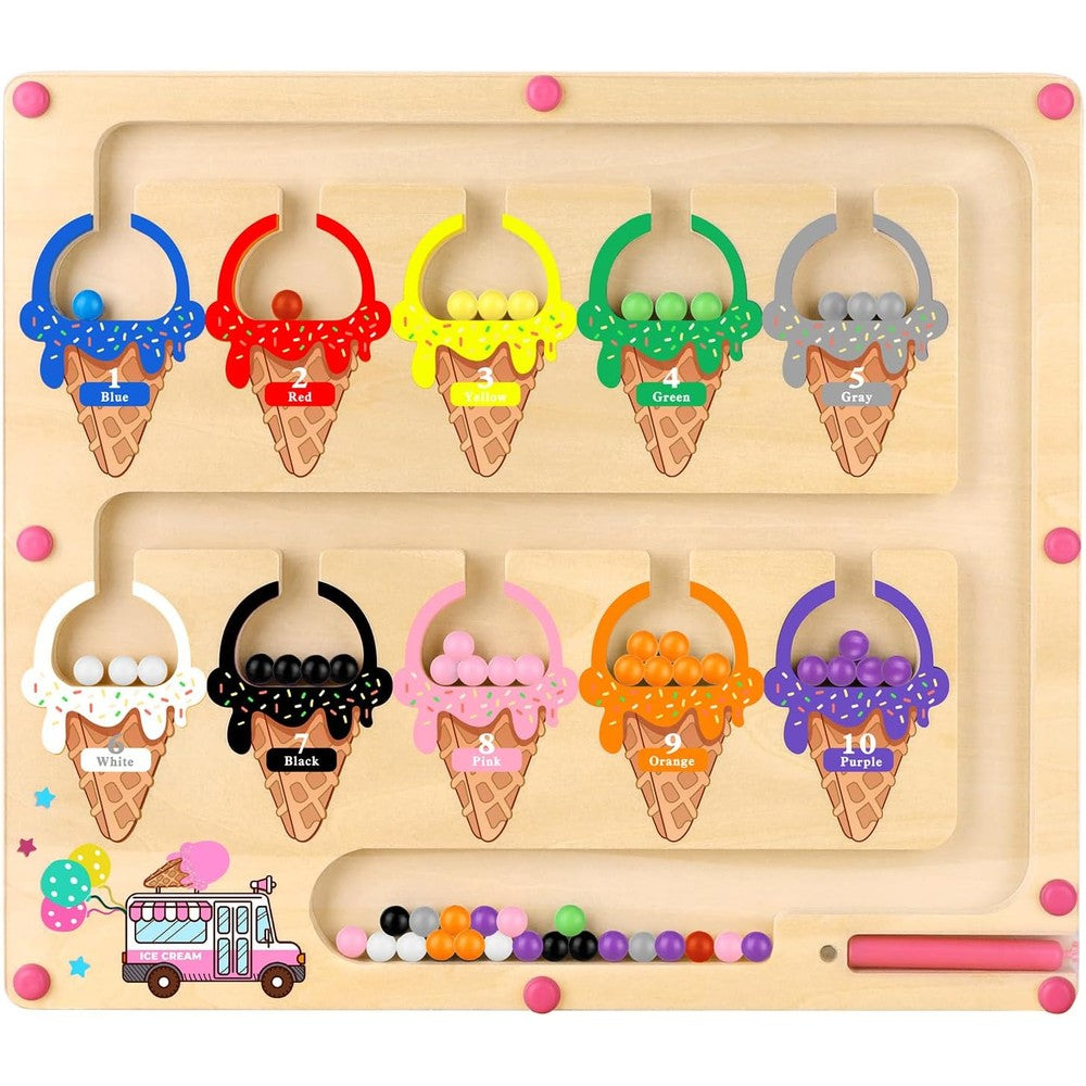 WakeInsa Magnetic Color and Number Maze front view showing the wooden ice cream theme board filled with colorful beads.