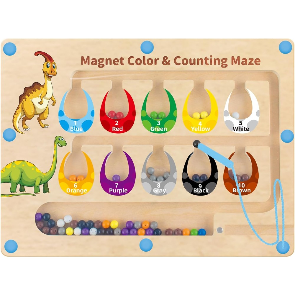 HONGID dinosaur magnetic color and number maze toy front view showing wooden board and colorful beads.