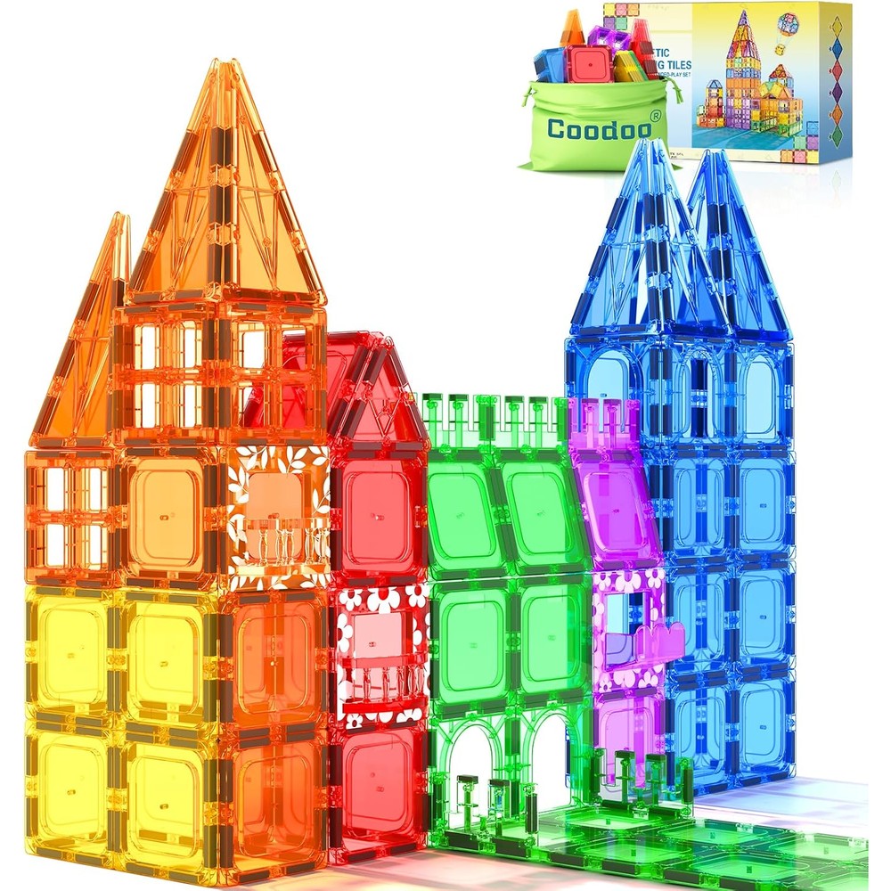 Coodoo 60 pieces magnetic building tiles front view premium STEM educational toy for kids.