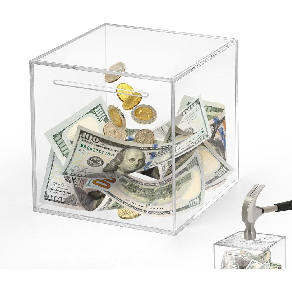 Imeepa clear acrylic unopenable piggy bank front view showing transparent cash savings box