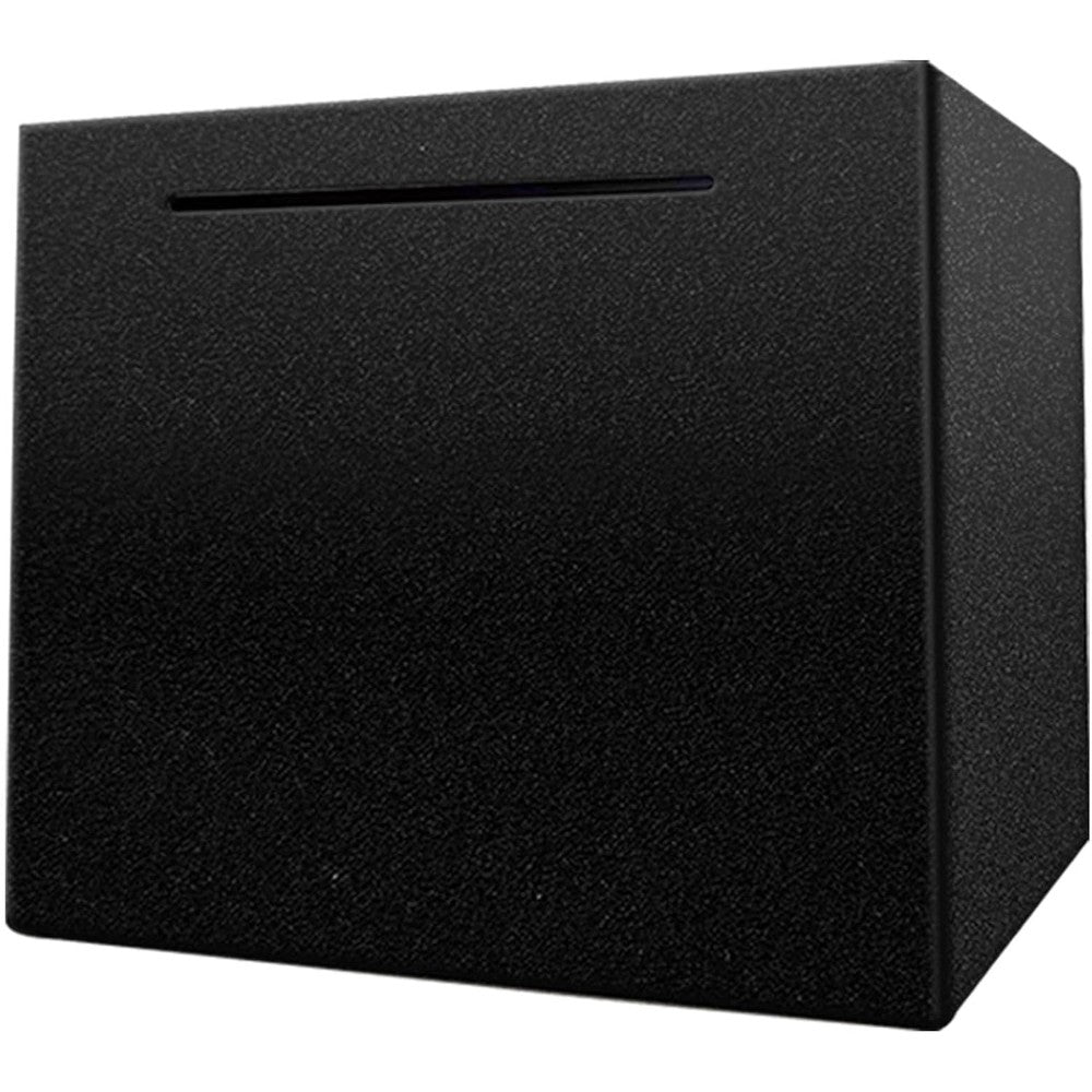 LARCOLO unbreakable stainless steel piggy bank front view showing matte black finish and single deposit slot.