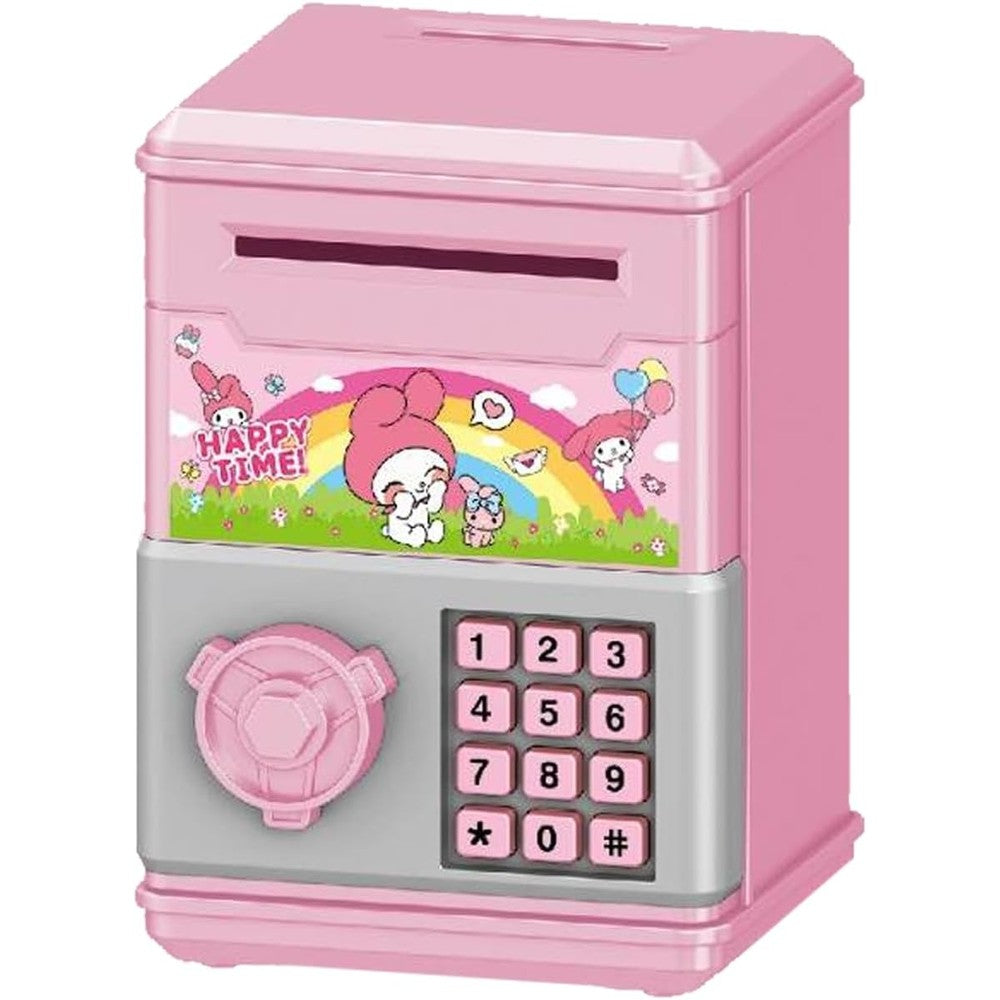 FUAN Kawaii Mini Piggy Bank front view featuring pink electronic safe body with numeric keypad and cartoon decal.