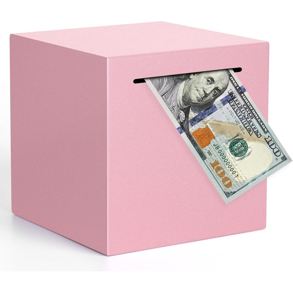 Kypeeka stainless steel piggy bank front view showing matte pink finish and coin slot.
