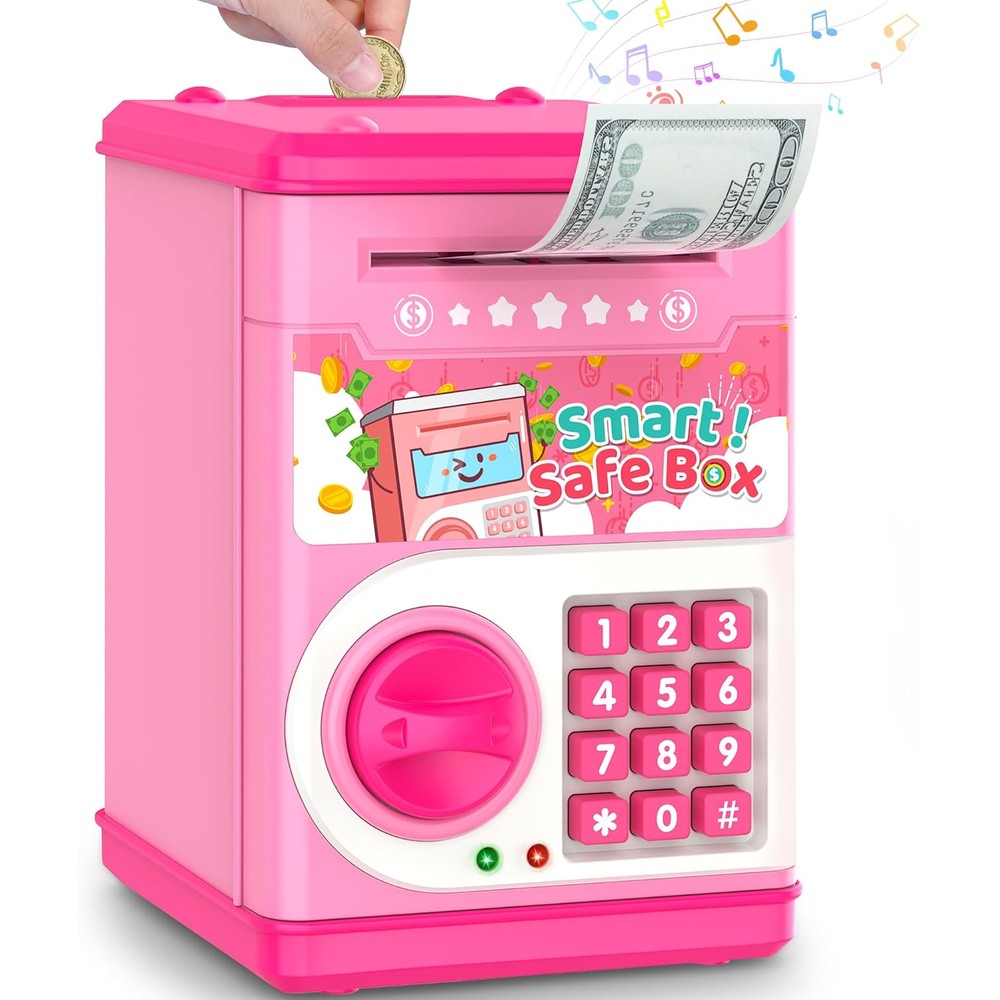 LJZJ kids electronic piggy bank pink color front view showing numeric keypad and bill slot