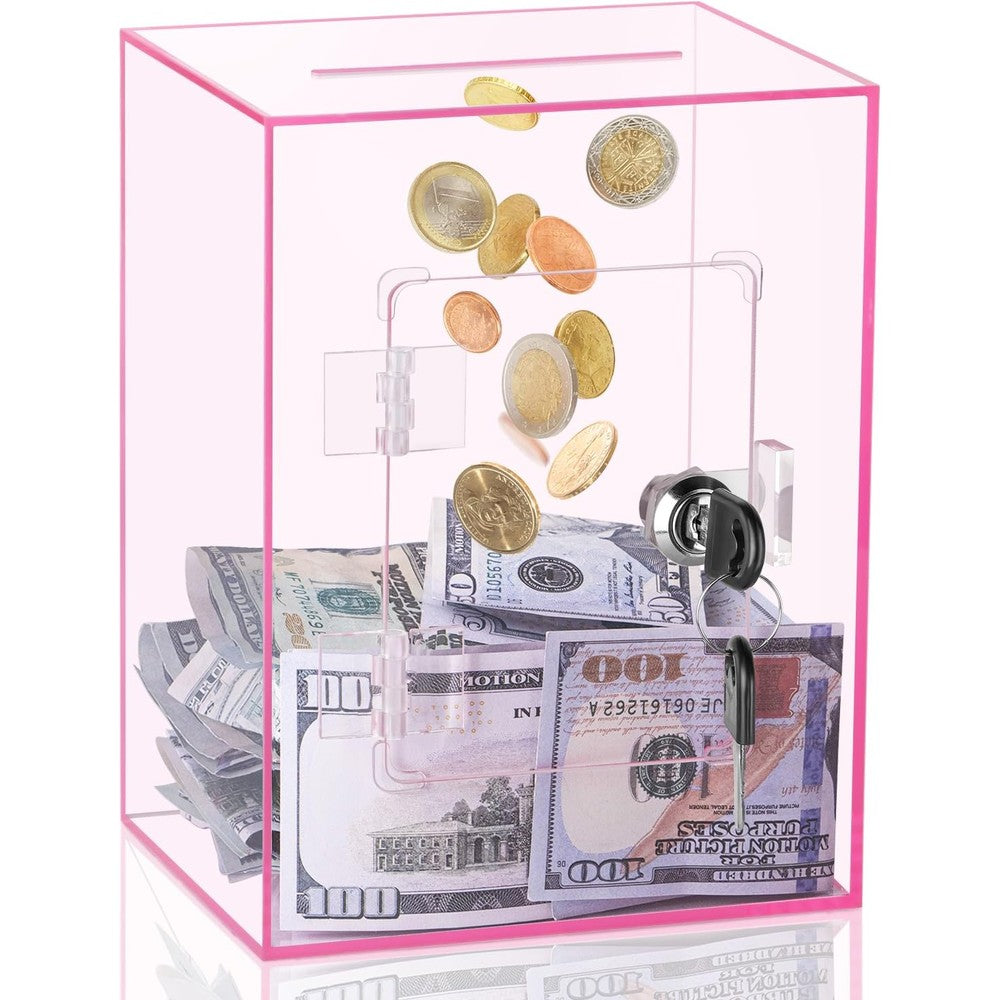 Kozsort clear acrylic piggy bank front view showing transparent pink cubic design with cash inside