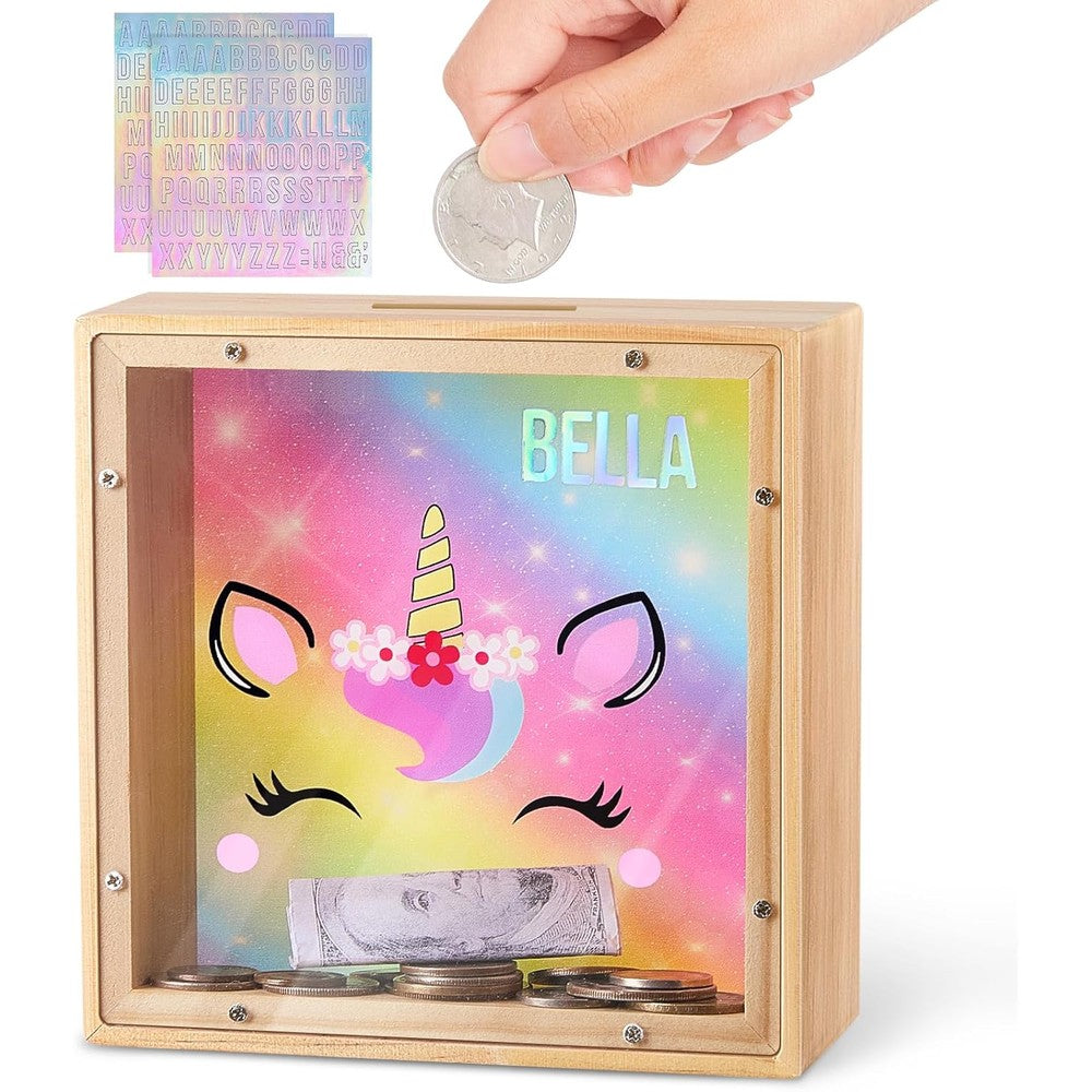 MHJY wooden piggy bank kids rainbow unicorn design front view for bedroom decor