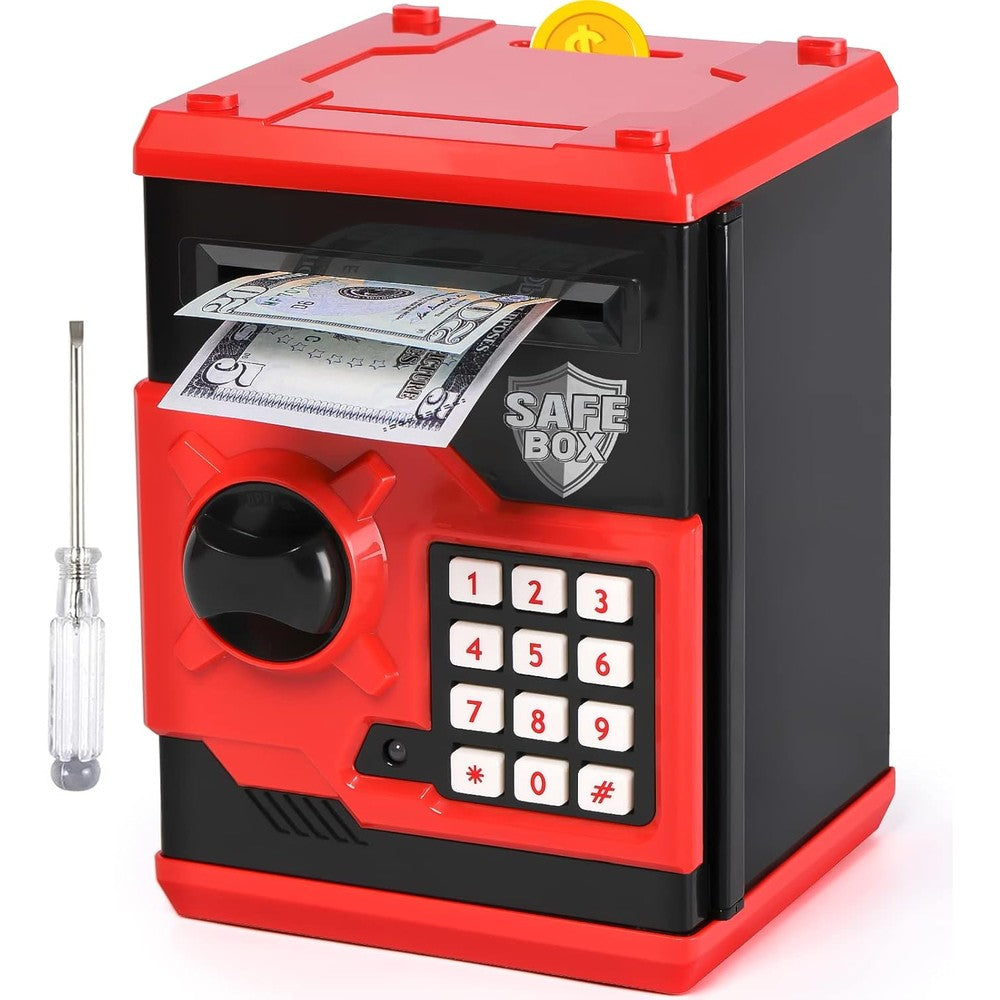 Vcertcpl ATM piggy bank front view showing the red and black digital password keypad and money safe door.
