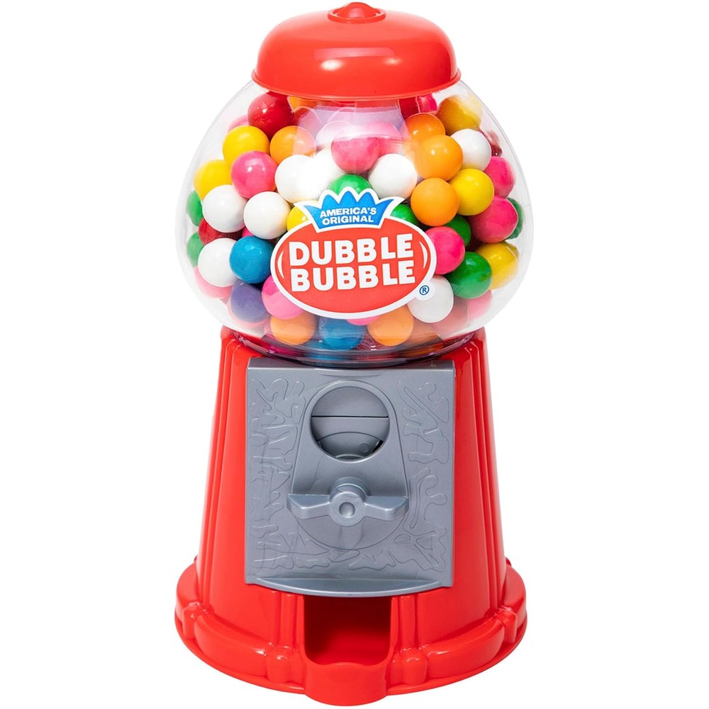 Schylling classic retro gumball coin bank front view showing red plastic body and internal candy