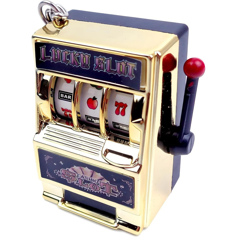 MAGIKON mini slot machine toy front view showing the golden exterior and classic spinning reel lever.