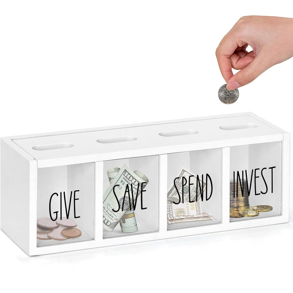Ameuphercy wooden give save spend invest money saving box front view displaying four clear acrylic compartments for kids budgeting