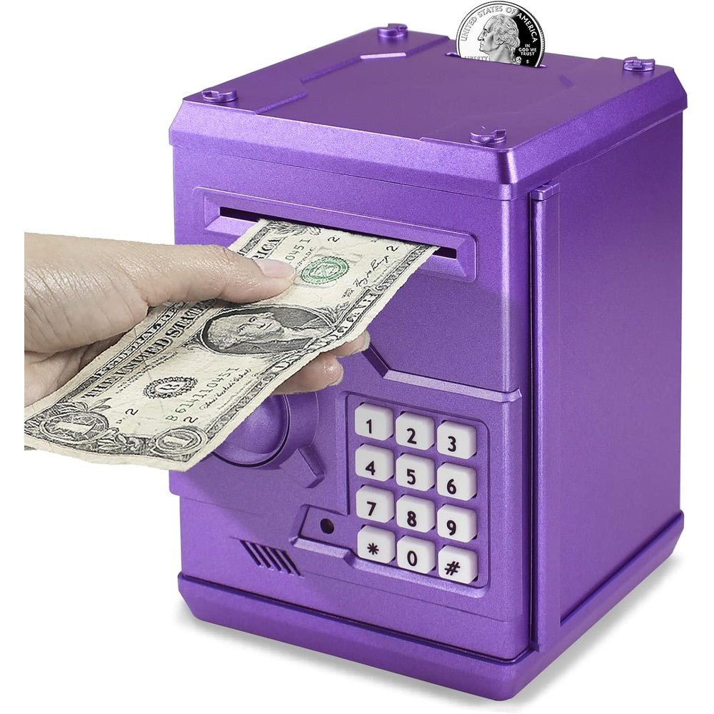 Cargooy Mini ATM Piggy Bank front view of purple electronic cash safe for kids