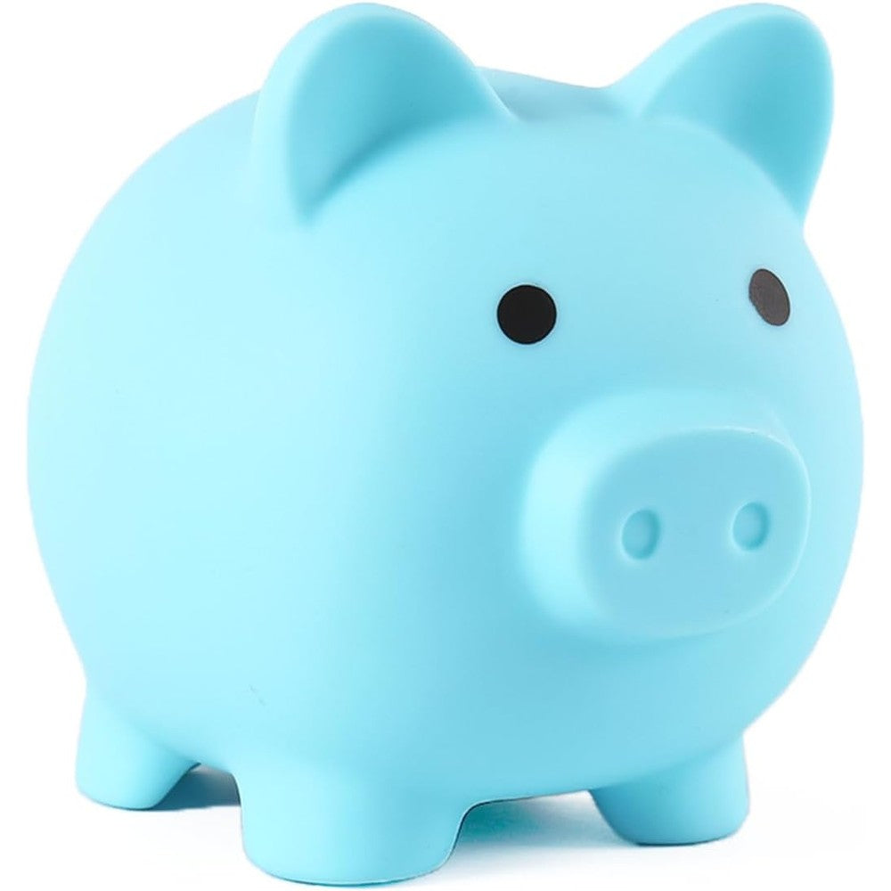 PandaEar Piggy Bank front view showcasing the cute blue shatterproof design for children.