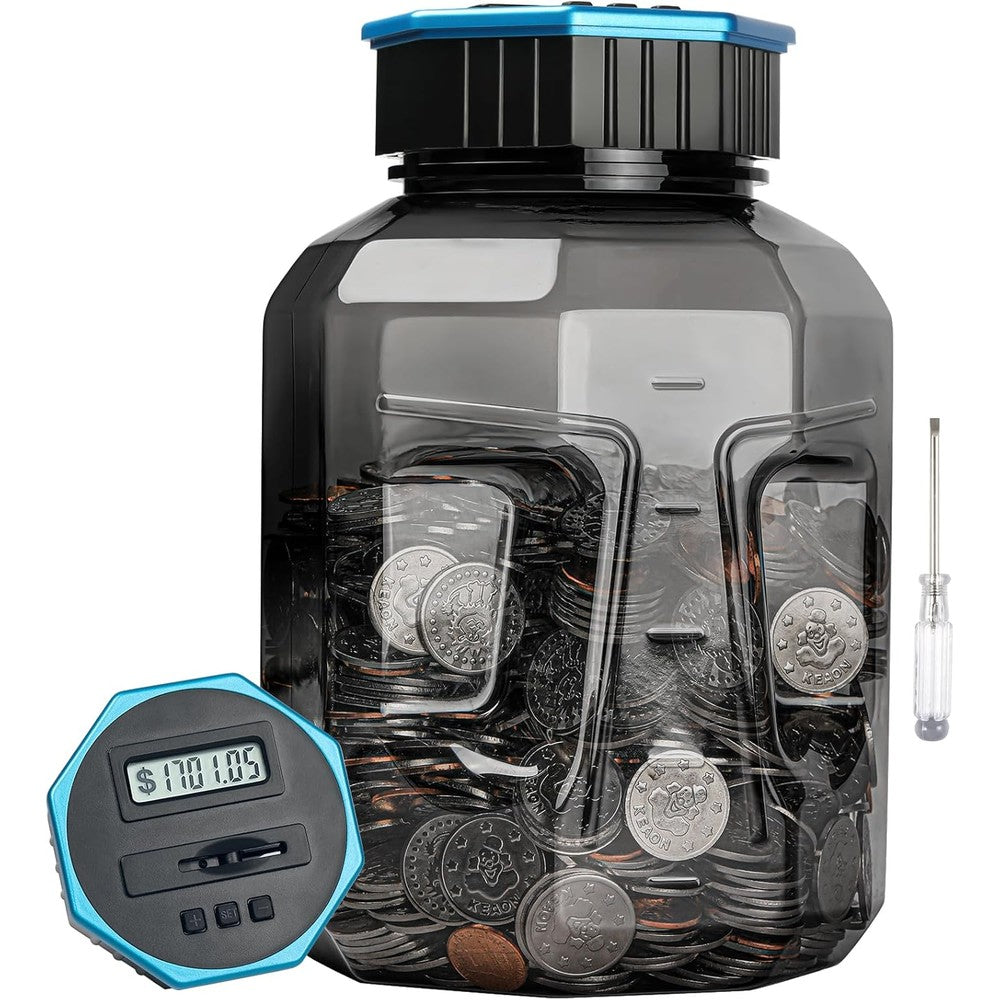 Vcertcpl digital coin counting bank front view showing transparent jar and grey LCD counter lid