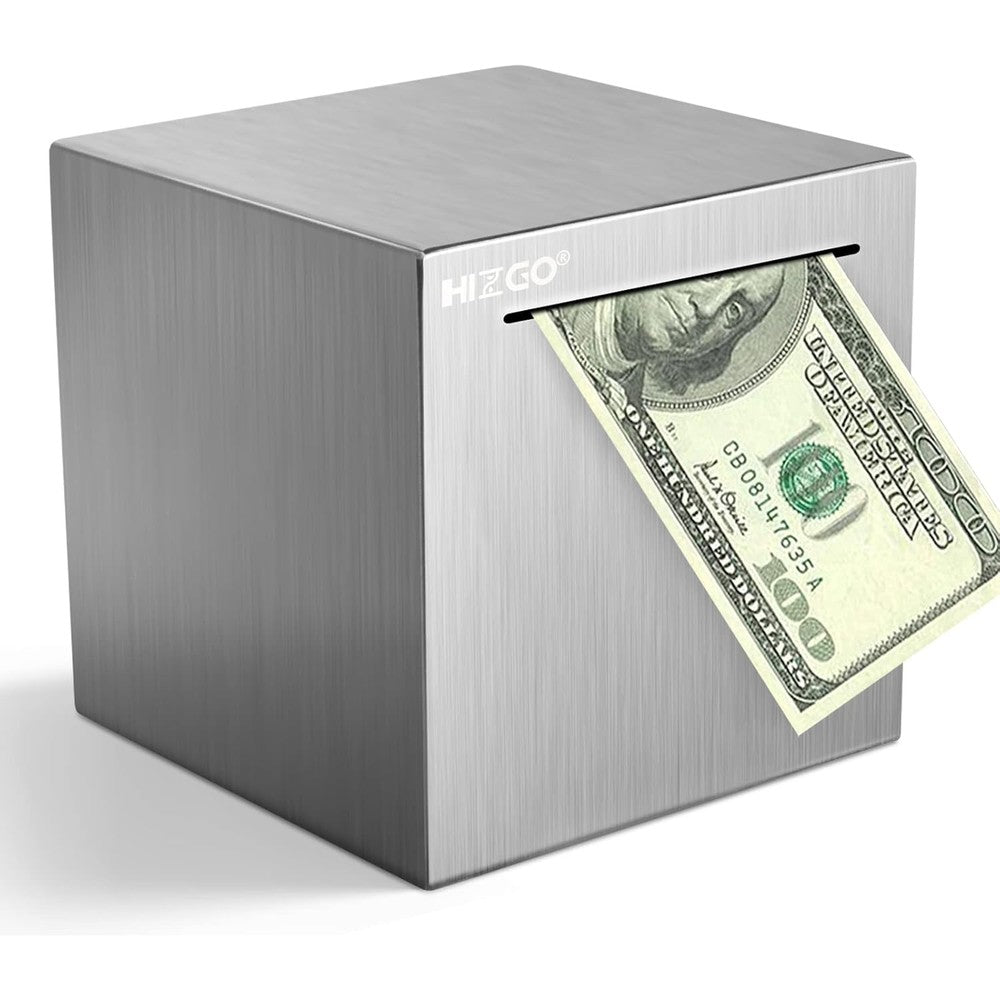 Hizgo stainless steel unopenable piggy bank front view showing money slot