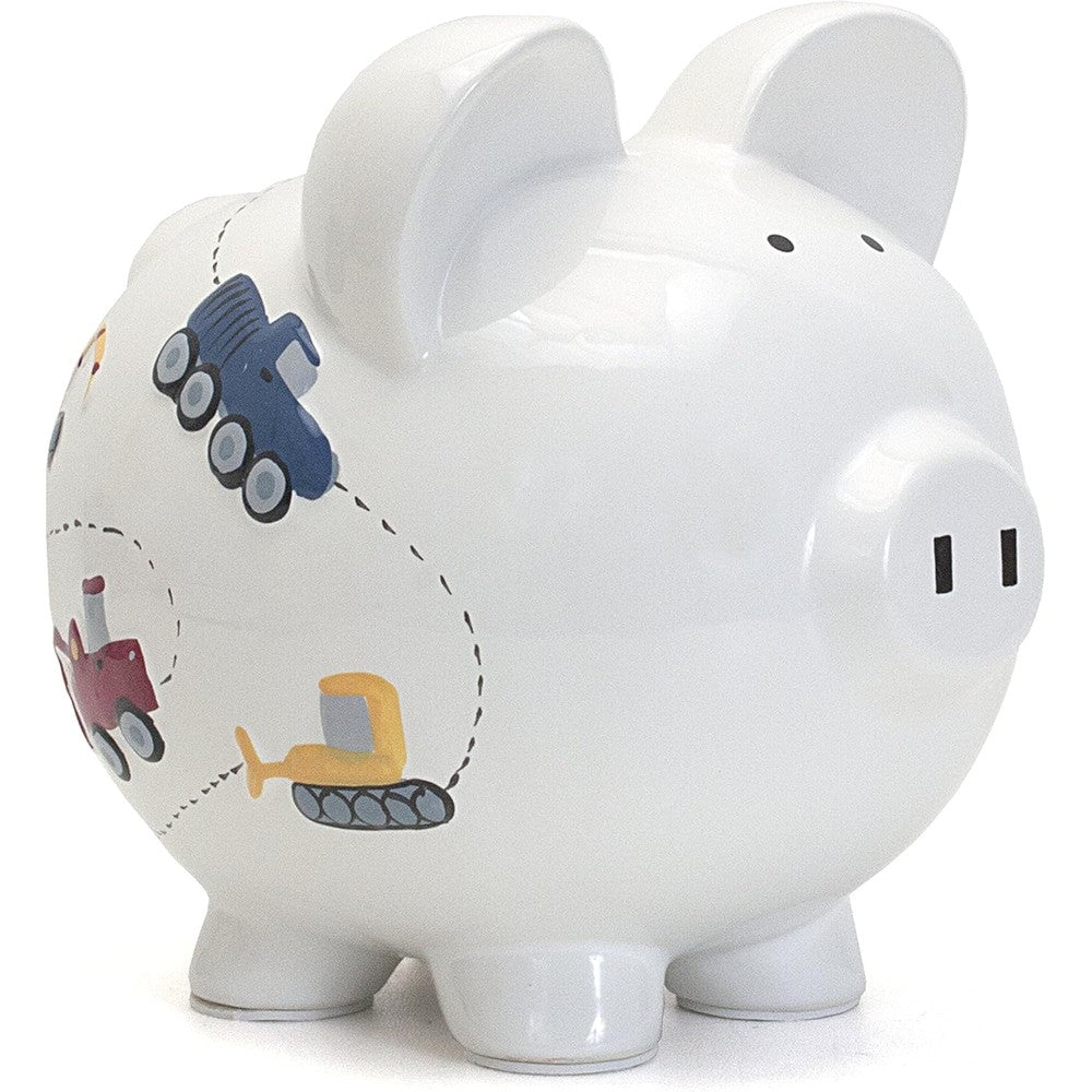 Child to Cherish Ceramic Piggy Bank Construction Trucks front view authentic imported nursery decor