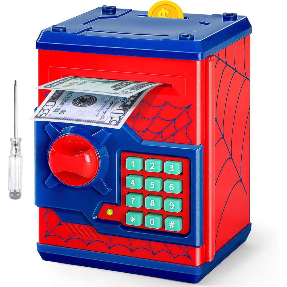 Vcertcpl mini ATM piggy bank front view showing the red design and digital security keypad.