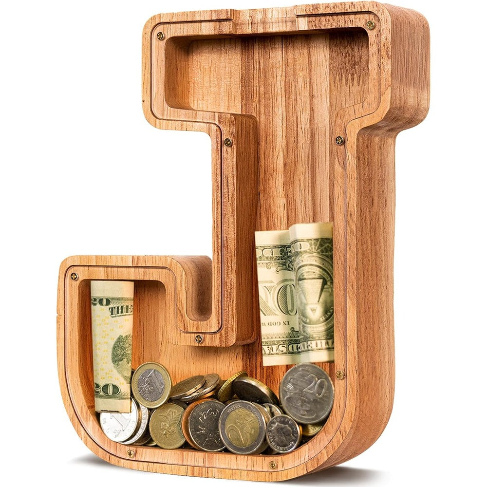 ELX wooden letter piggy bank front view showing transparent acrylic window filled with coins.