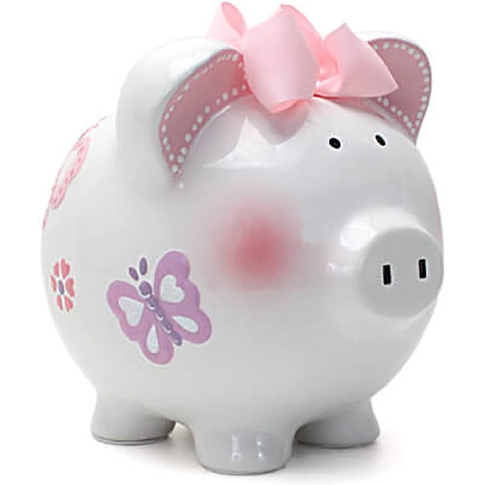 Child to Cherish ceramic piggy bank for girls butterfly design front view