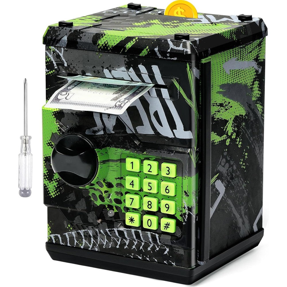 Vcertcpl mini ATM piggy bank toy front view showcasing the green and gray graffiti design with numeric keypad.